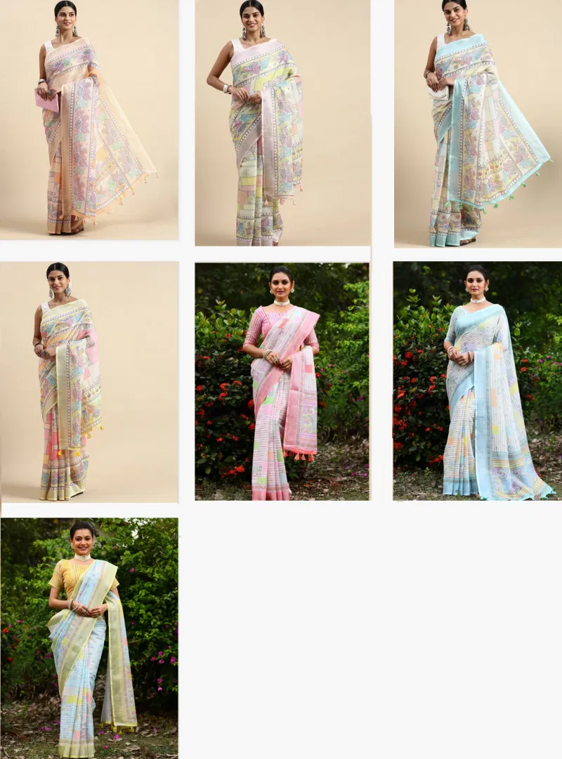 Linen Kantha Saree 1 Lilen Zari Patta Digital Kantha Stitch Printed Saree Bulk Orders In India