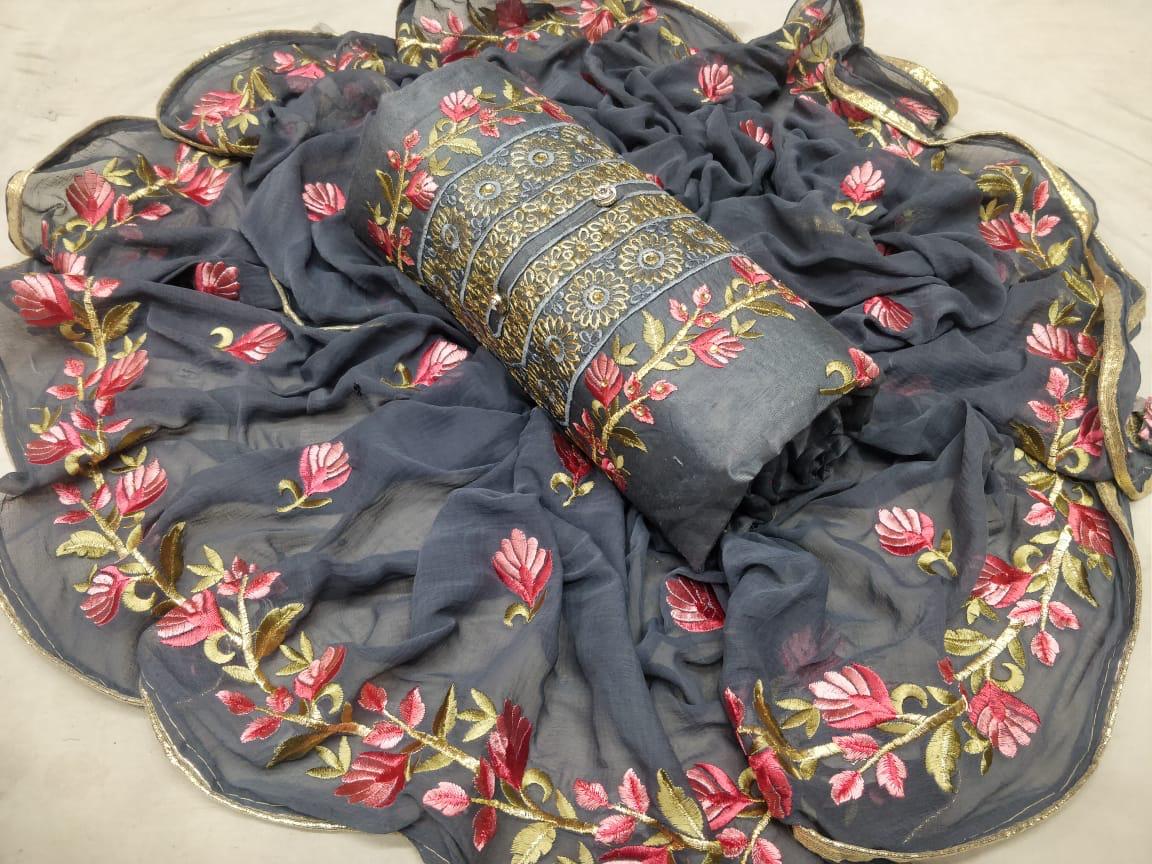 Chanderi Exclusive Designer Embroidered Dress Material With Najmin Embroidery Worked Four Sided Bordered Dupatta 