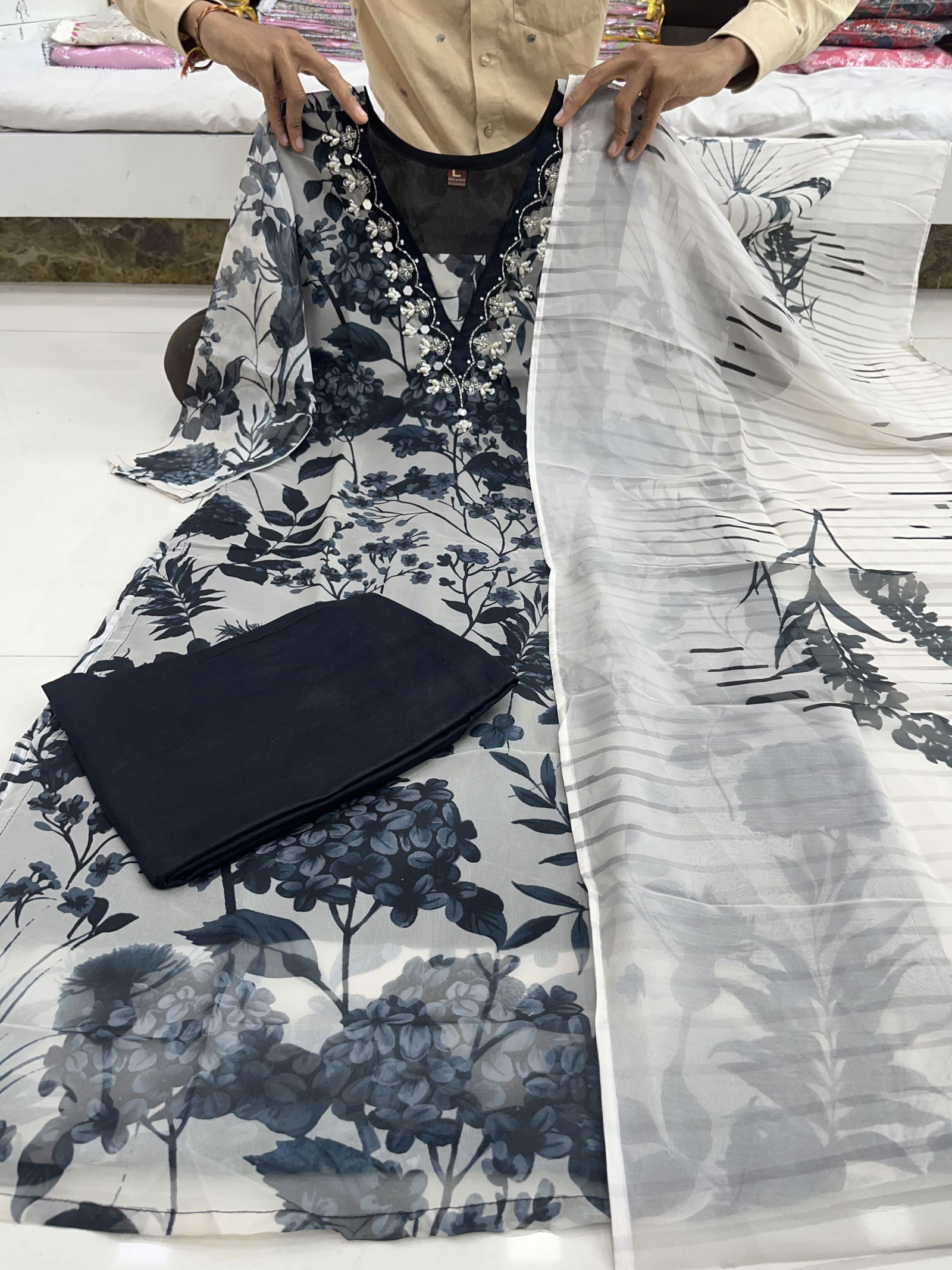 Bh Cremy Black Soft Organza Khatli Kurti With Bottom Dupatta Wholesale Online