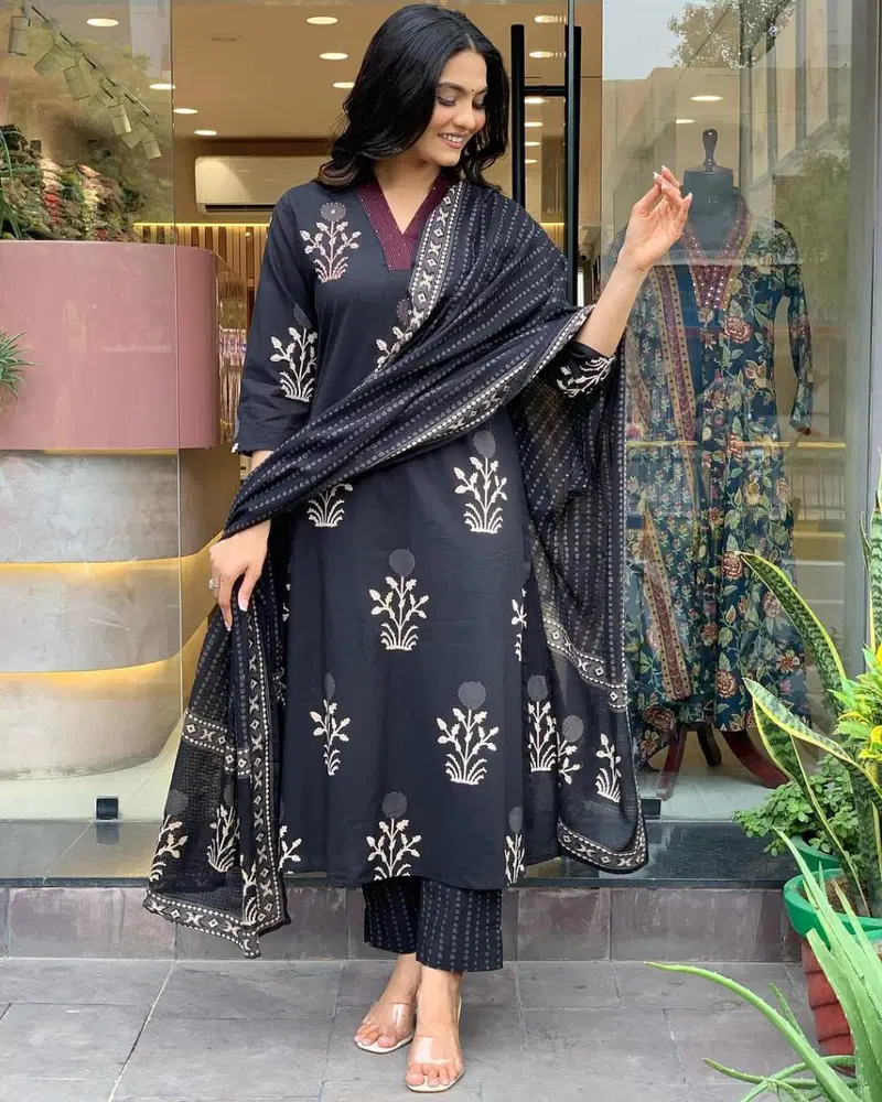 KF Black Kalaai Hand Block Printed Kurti With Bottom Dupatta Wholesale Online