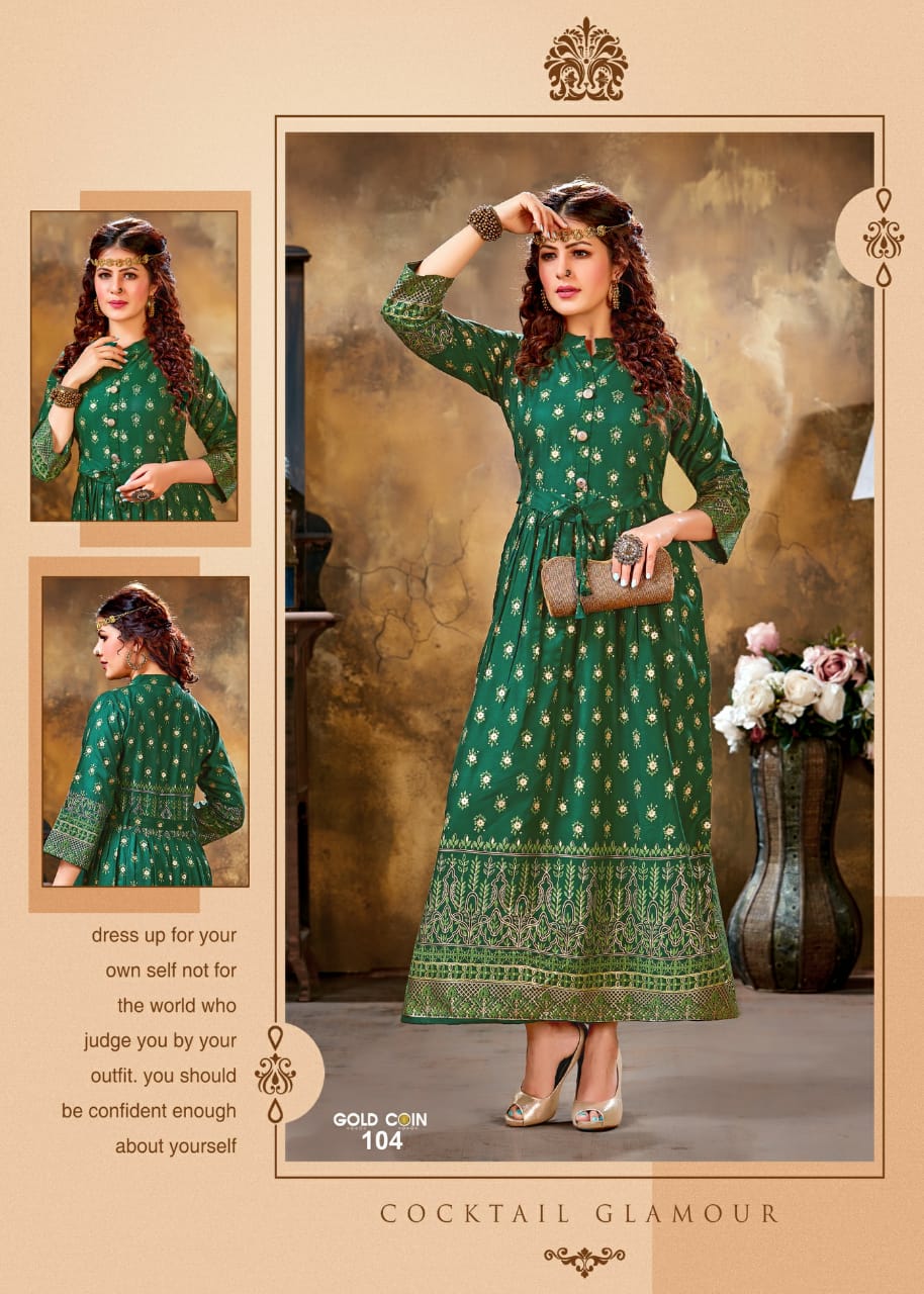 Ft Gold Coin Latest Designer Party Wear rayon Long Printed Rayon Kurtis Collection

