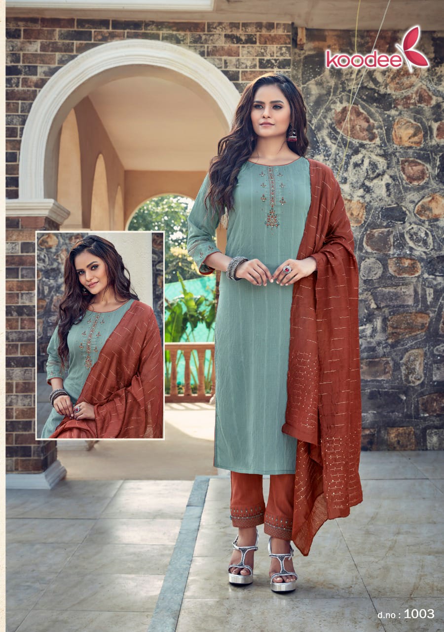 Koodee Saheli 11 Fancy Festive Wear Pure Nylon Viscose With Stripe Embroidered Ready Made Collection

