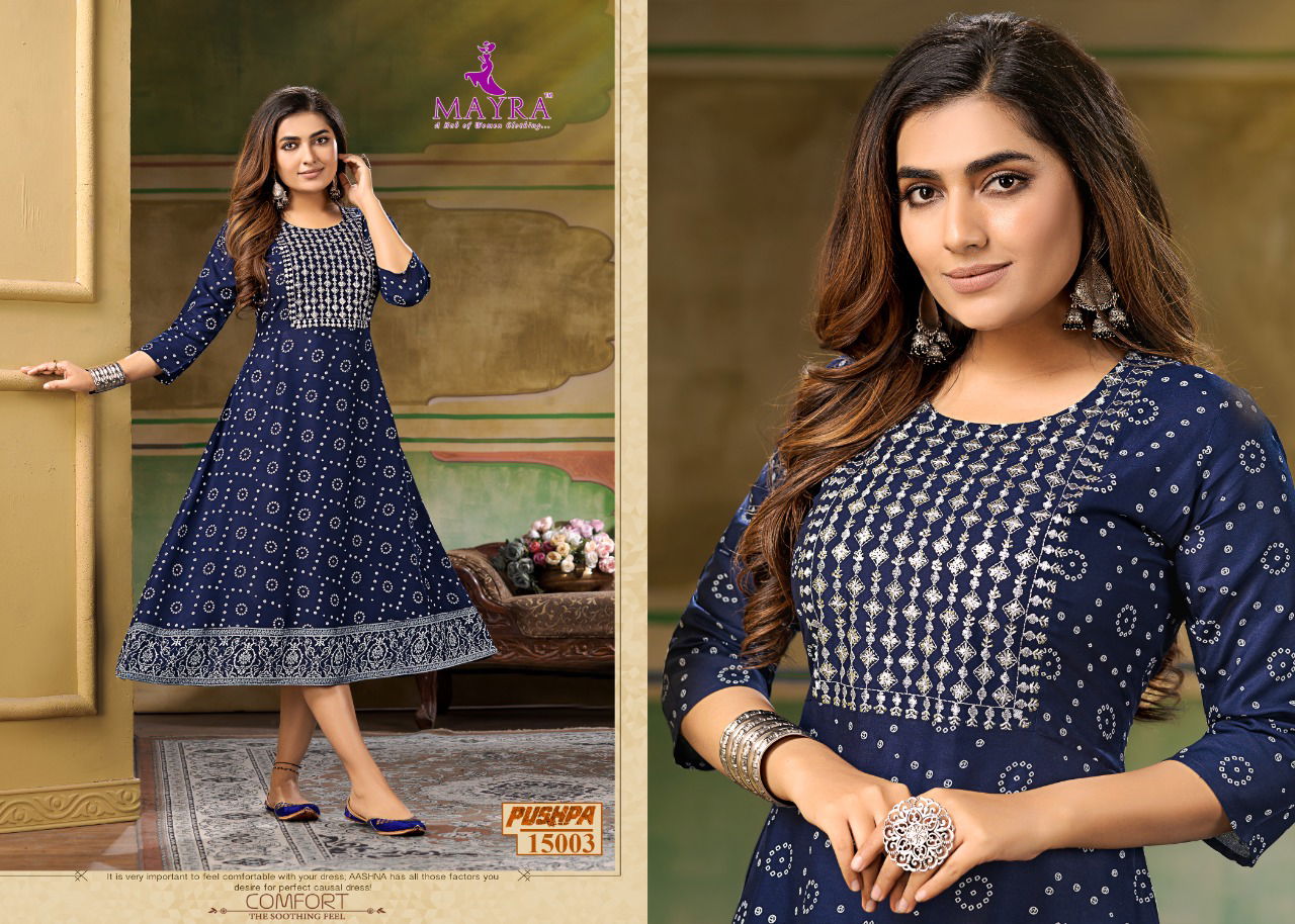 Mayra Pushpa Fancy Ethnic Wear Rayon Printed Anarklai Kurti Collection