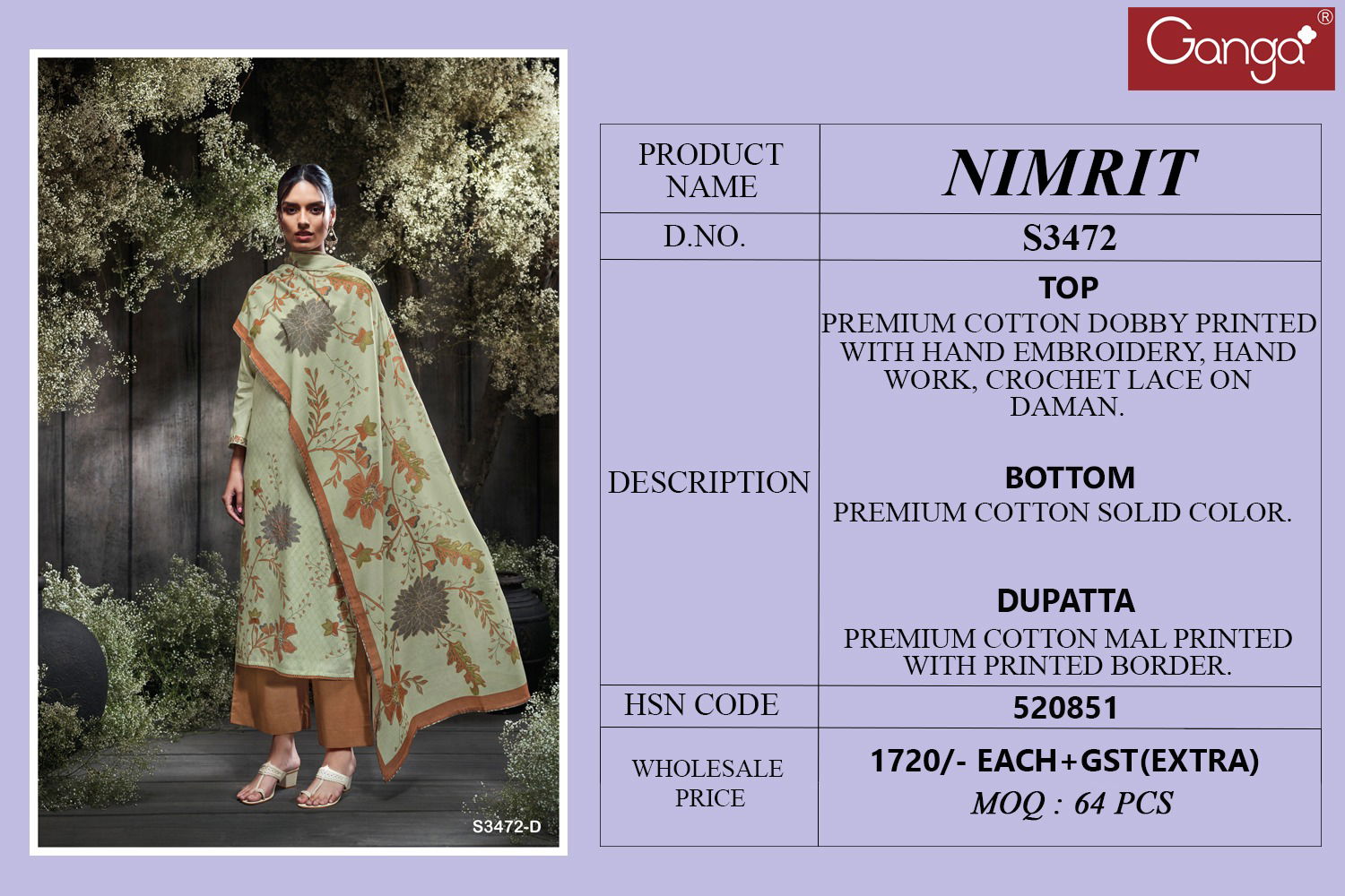Nimrit 3472 By Ganga Cotton Printed Designer Salwar Suit Wholesale Online