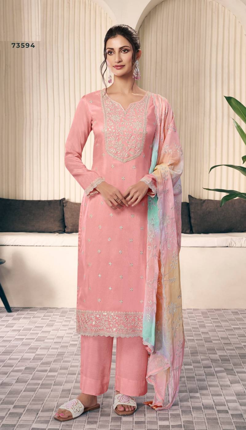 Ombre 73591 To 73594 Silk Embroidered Salwar Suits Wholesale In India