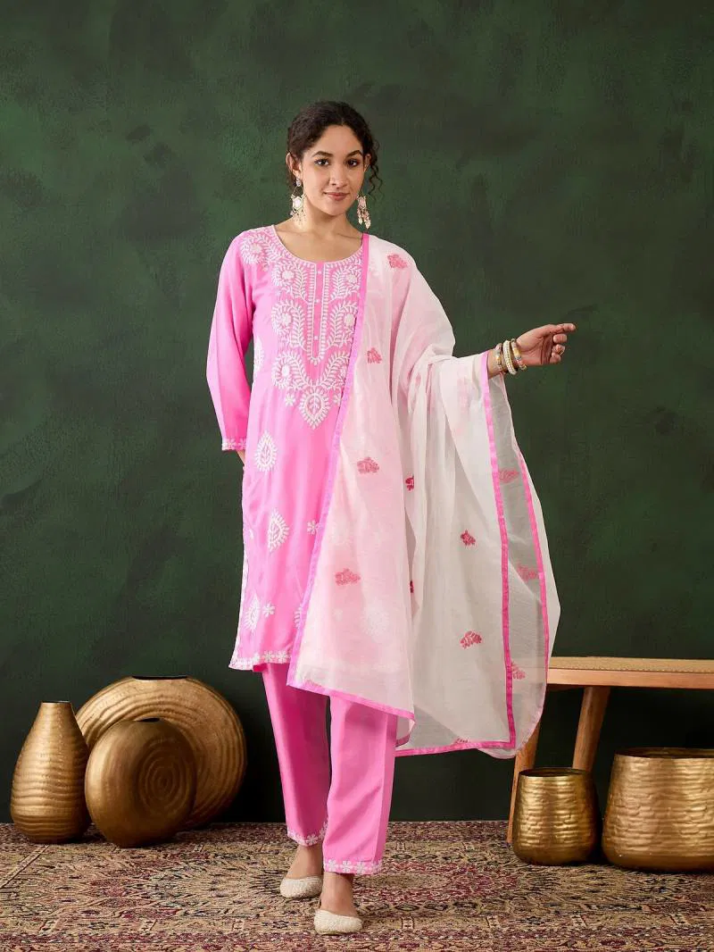 Color Set 8502 Cotton Chikankari Kurti Bottom With Dupatta Wholesale Online
