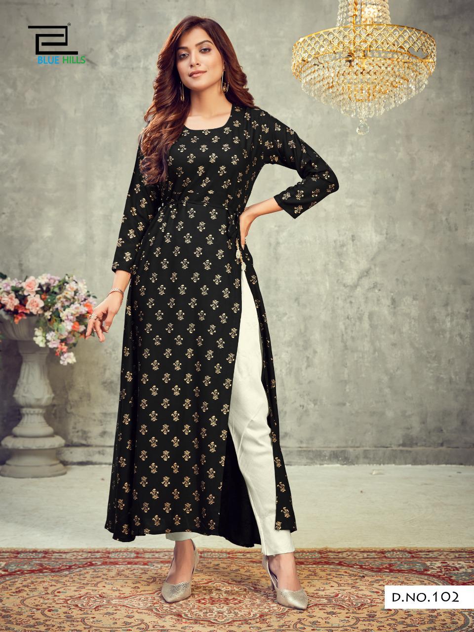 Blue Hills First Date Designers Long Printed Rayon Party Wear Kurtis Collection
