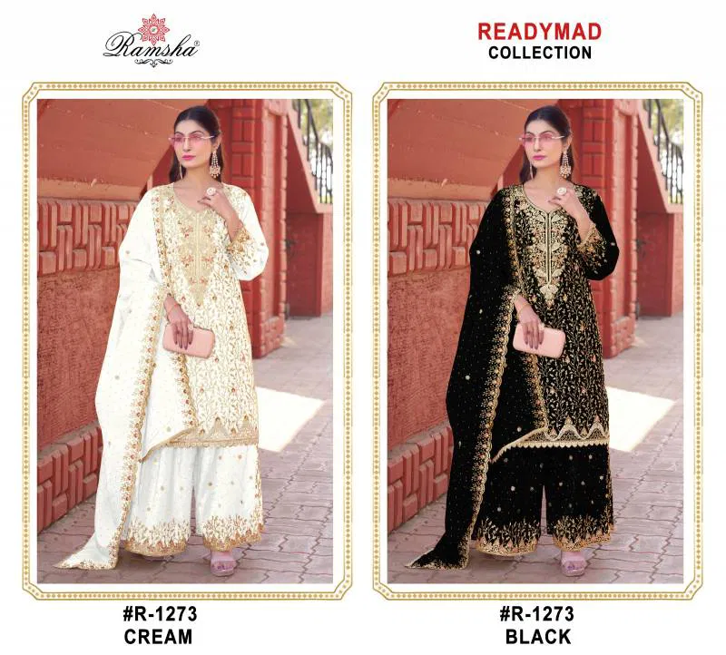 R 1273 Nx By Ramsha Cream And Black Pakistani Readymade Suits Wholesale Online
