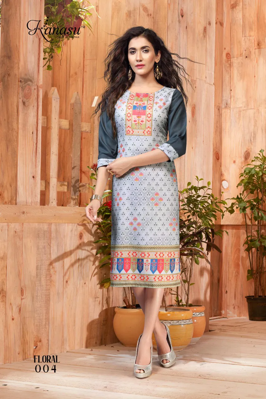 Kanasu Floral Latest Fancy Designer Ethnic Wear Rayon Printed Long Kurti Collection
