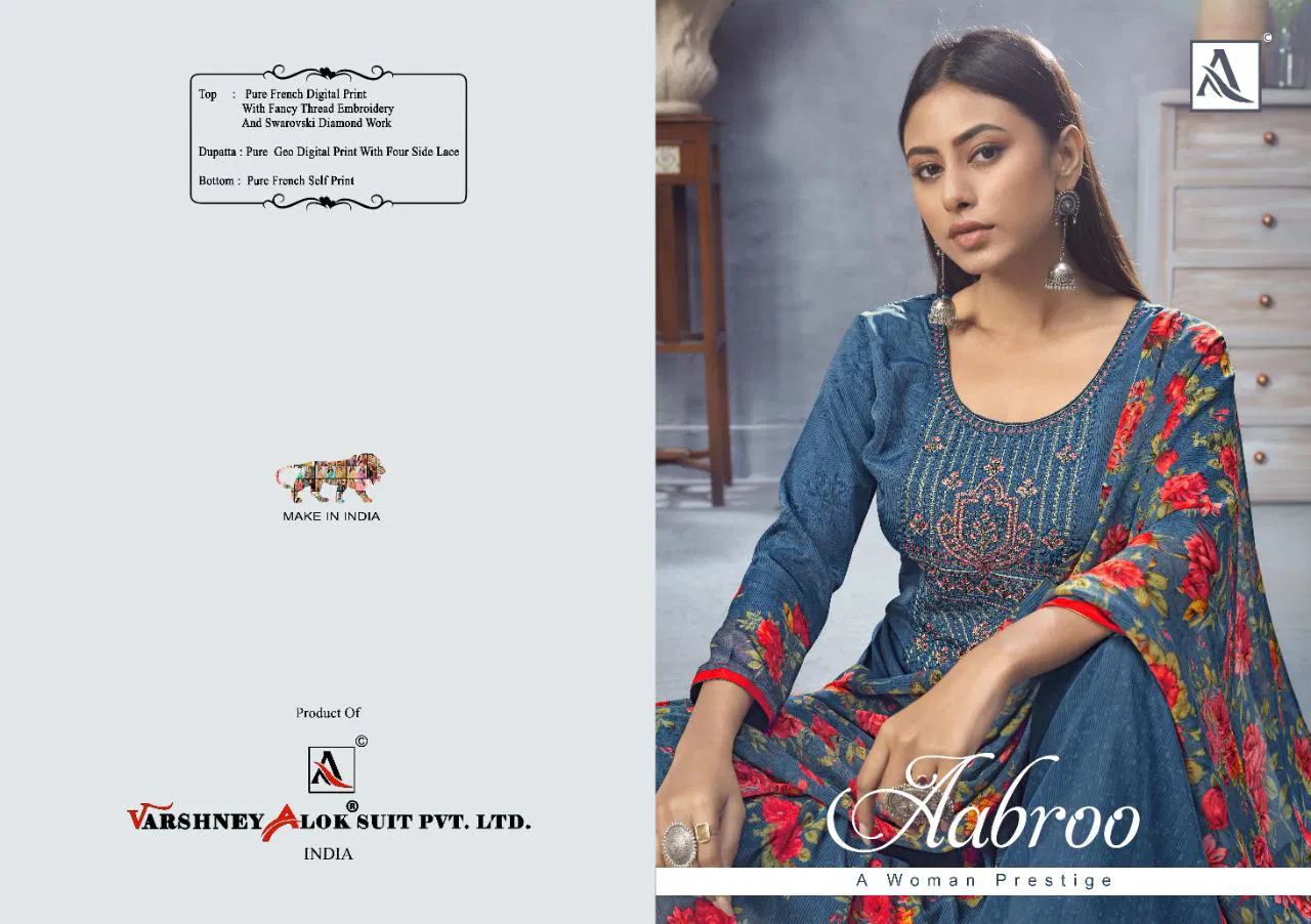 Alok Aabroo Latest Casual Wear Pure French Digital Print with Fancy Thread Embroidery And Swarovski Diamond Work Dress Material Collection
