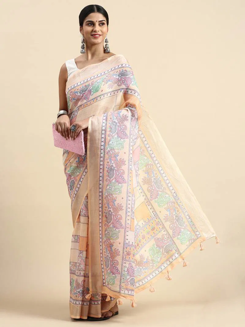 Linen Kantha Saree 1 Lilen Zari Patta Digital Kantha Stitch Printed Saree Bulk Orders In India