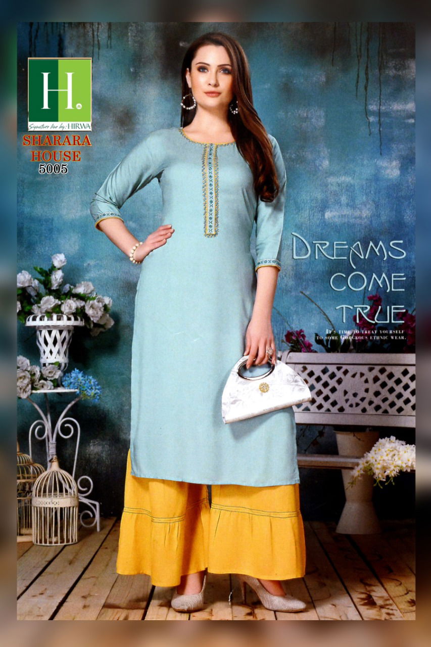 Hirwa Sharara House Latest Designer Embroidery Worked Kurti With Sharara Plazzo Casual Wear Collection 