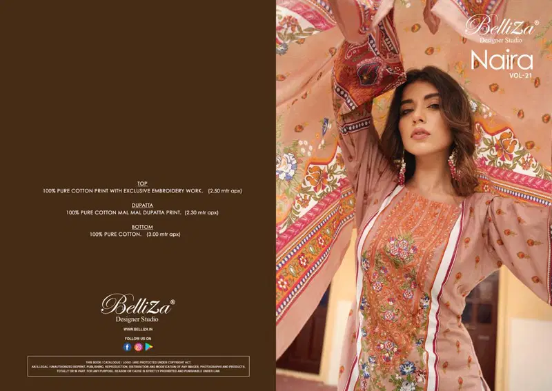 Naira Vol 21 By Belliza Pure Cotton Dress Material Catalog
