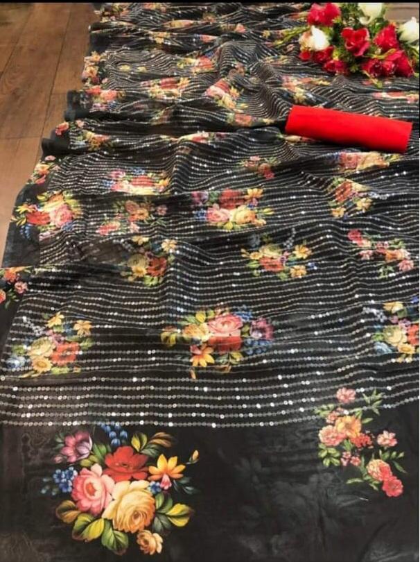 Bt 1018 Latest fancy Designer Party Wear Fancy Sequence Work Georgette Printed Sarees Collection
