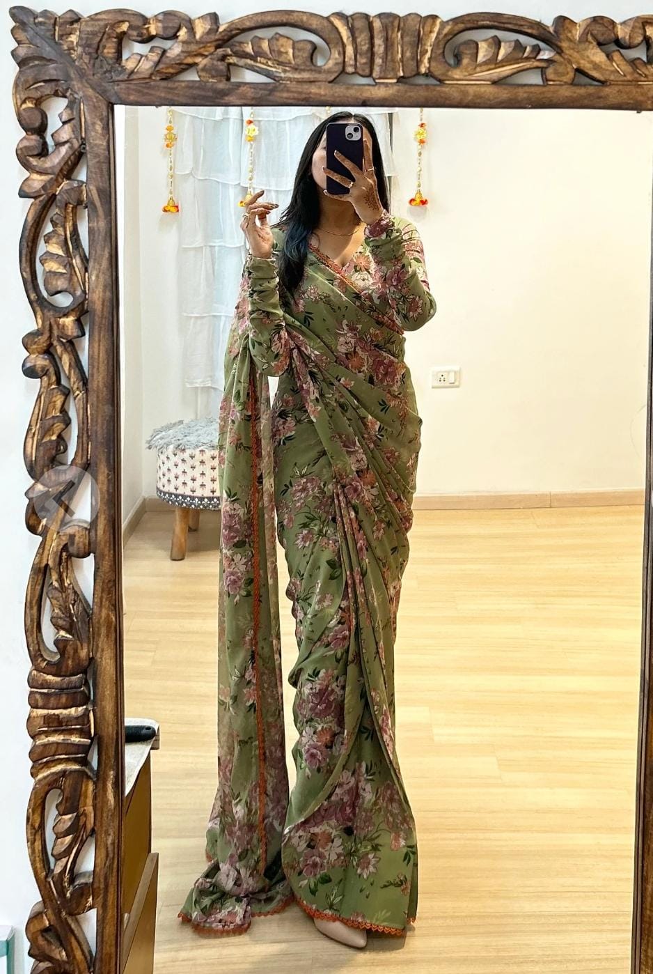 DAC Meraki Green Floral Printed Fox Georgette Silk Readymade Saree Online Wholesale