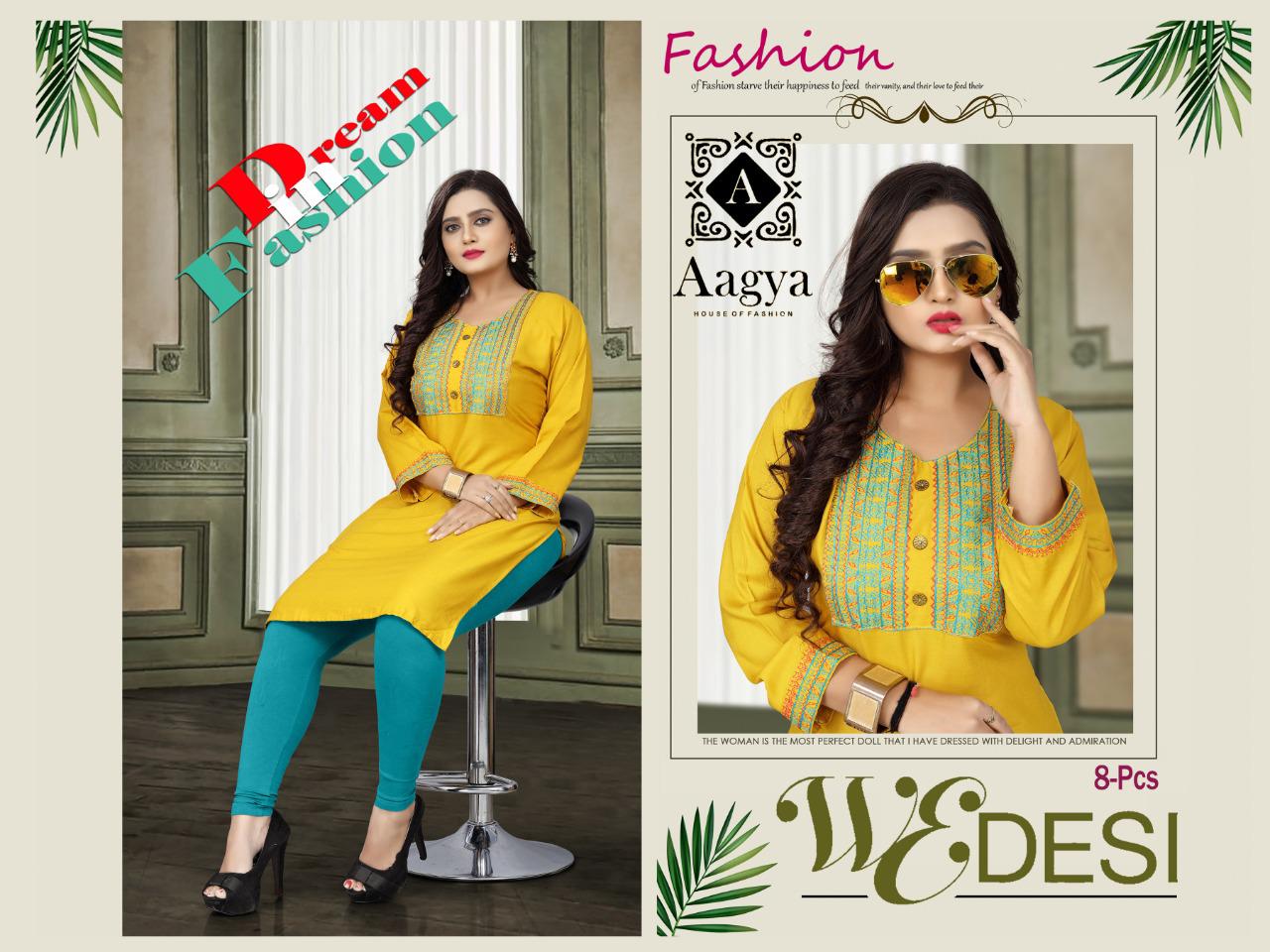 Aagya Wedesi Fancy Designer Ethnic Wear Rayon Embroidered Straight Kurtis Collection
