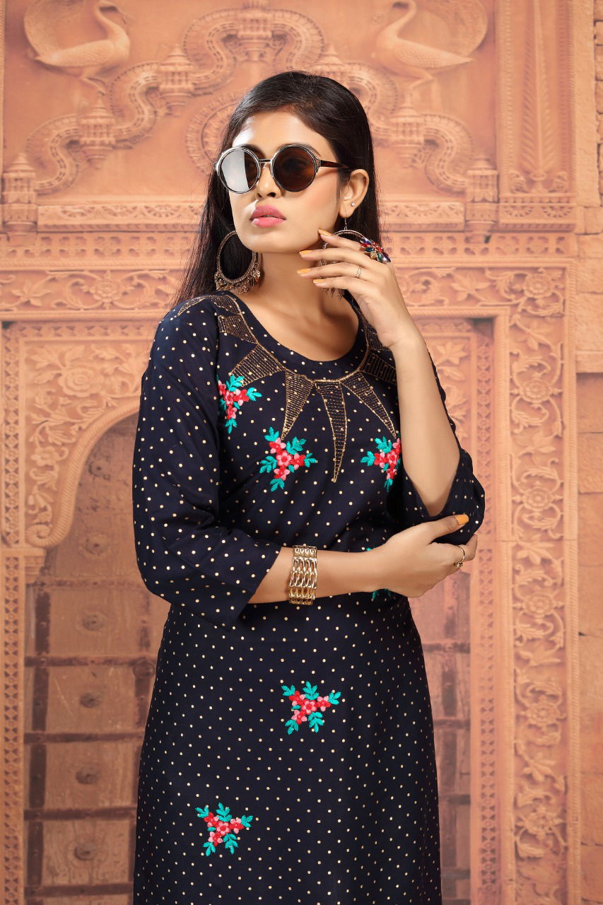 Pinterest Rayon Gold Buti with Embroider Designer Long Kurti Collection