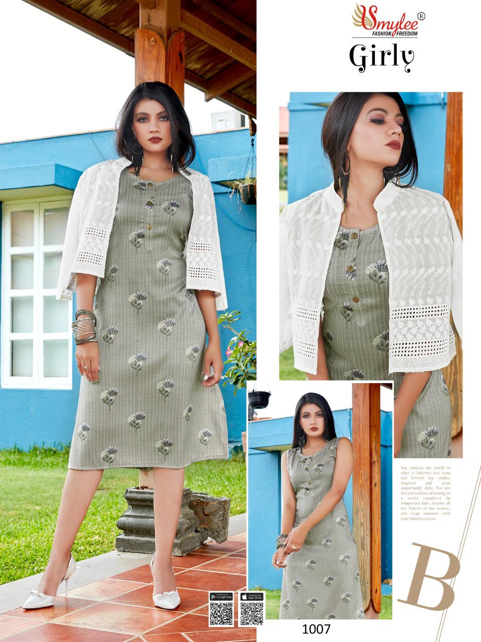 Smylee Girly Heavy Rayon Foil Printed Party Wear Kurti With Jacket Collection
