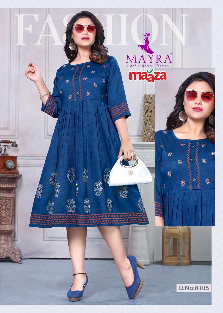Mayra Maaza Flair Latest Fancy Style Long Casual Wear Anarakali Rayon Designer Kurtis Collection
