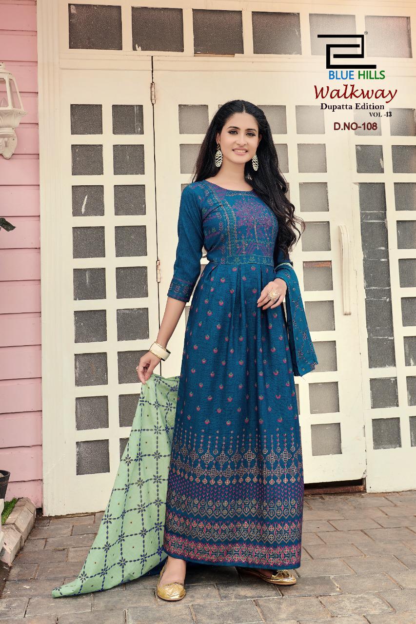 Blue Hills Walkway 13 Anarkali Long Printed Party Wear Kurtis With Dupatta Latest Collection
