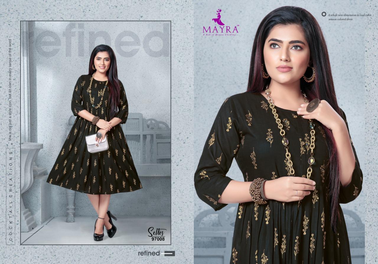 Mayra Seltos Rayon Printed Designer Party Wear and Regular Wear Kurtis Collection