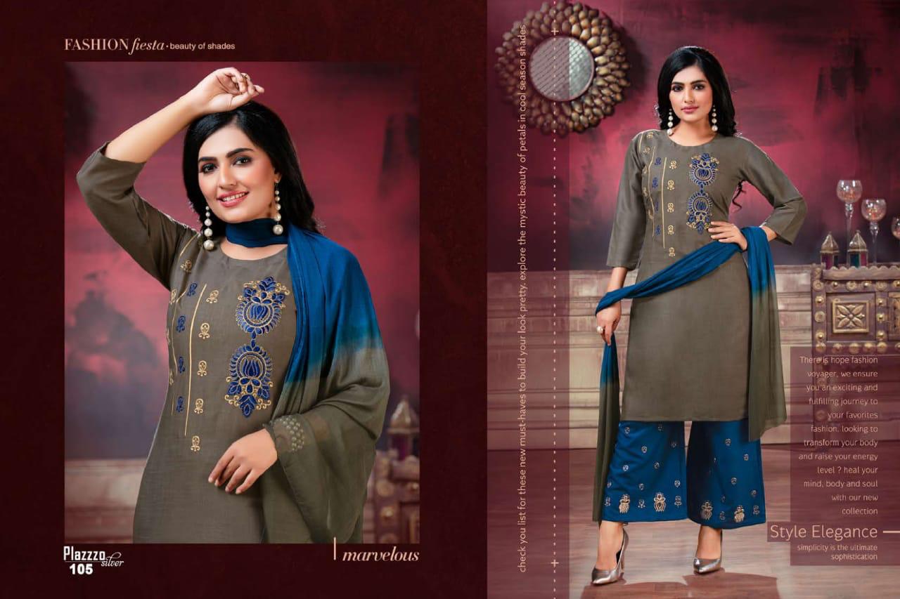 Plazzo Silver Daily Wear Latest Heavy Rayon With embroidery work Plazzo Suit  Collection 