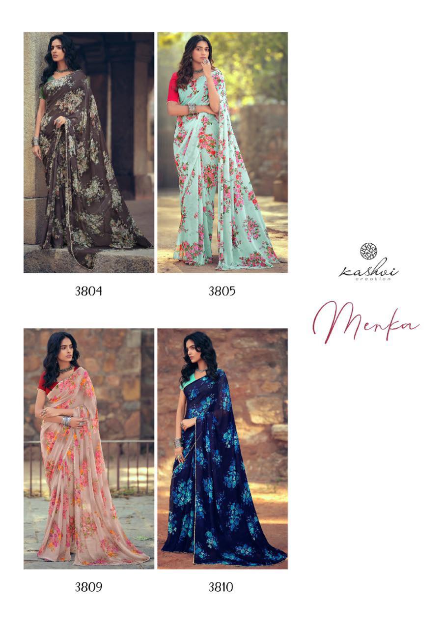 Kashvi Menka Latest Fancy Designer Festive Wear Silk Weightless Floral Chiffon Saree Collection
