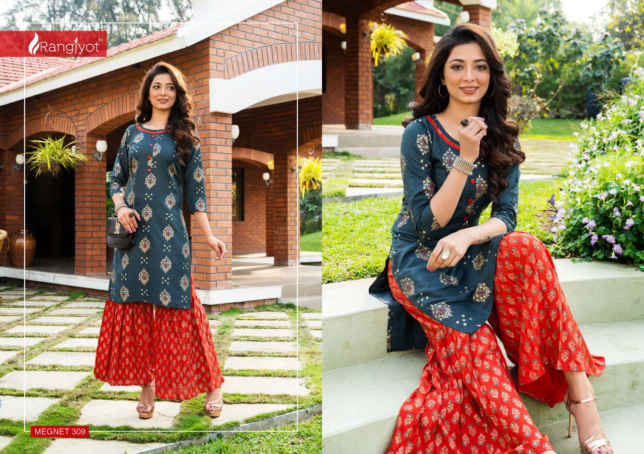 Rangjyot Magnet Vol 3 Latest Party Wear Heavy Rayon Gold Printed Kurti With Bottom Collection

