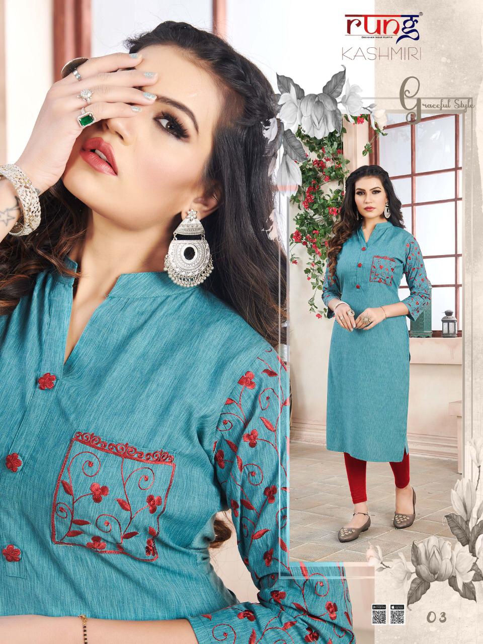 RUNG KASHMIRI Latest Fancy Regular Wear Heavy Luxuriya Rayon  With Manual Embroidery work Kurtis Collection