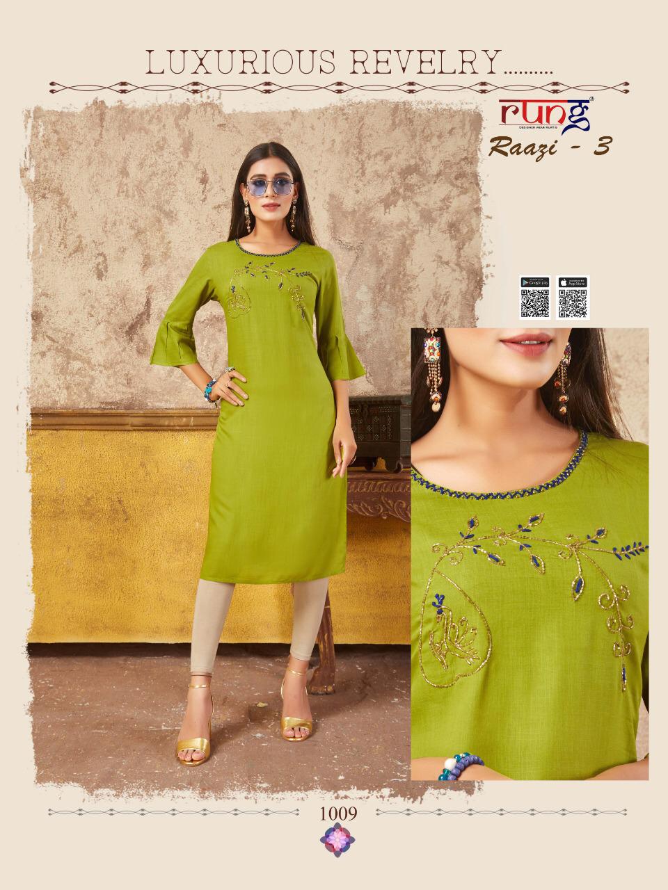 Rung Razzi 3 Latest Designer Party Wear Festive Wear Straight Line Embroidery Work Kurtis Collection  