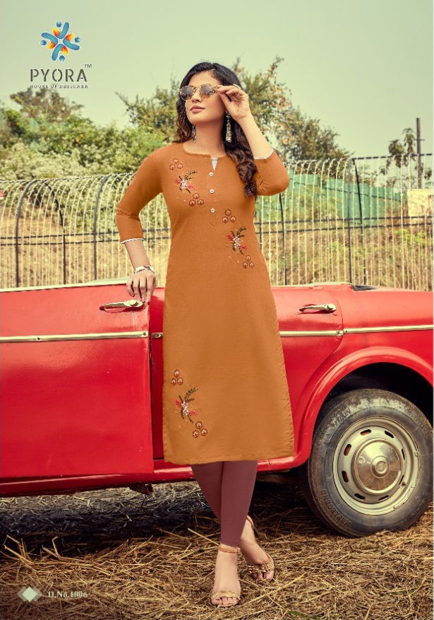 Pyora Mulberry 1 Latest Collection Fancy Ethnic Wear Slub cotton Designer Embroidery Work Butta Kurtis

