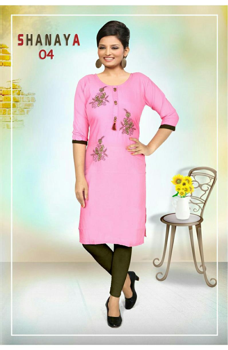 Trendy Shanaya Latest Designer Daily Wear Rayon Embroidery Work Kurtis Collection
