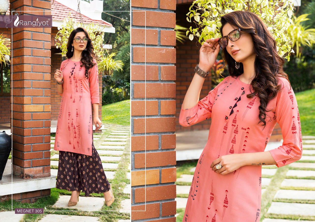 Rangjyot Magnet Vol 3 Latest Party Wear Heavy Rayon Gold Printed Kurti With Bottom Collection
