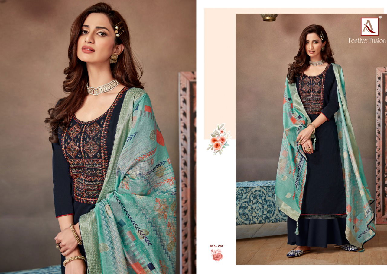 Alok Latest Fancy Designer Heavy Festive Fusion Jam Cotton Dyed with Fancy Embroidery and Swarovski Diamond Work Dress Material