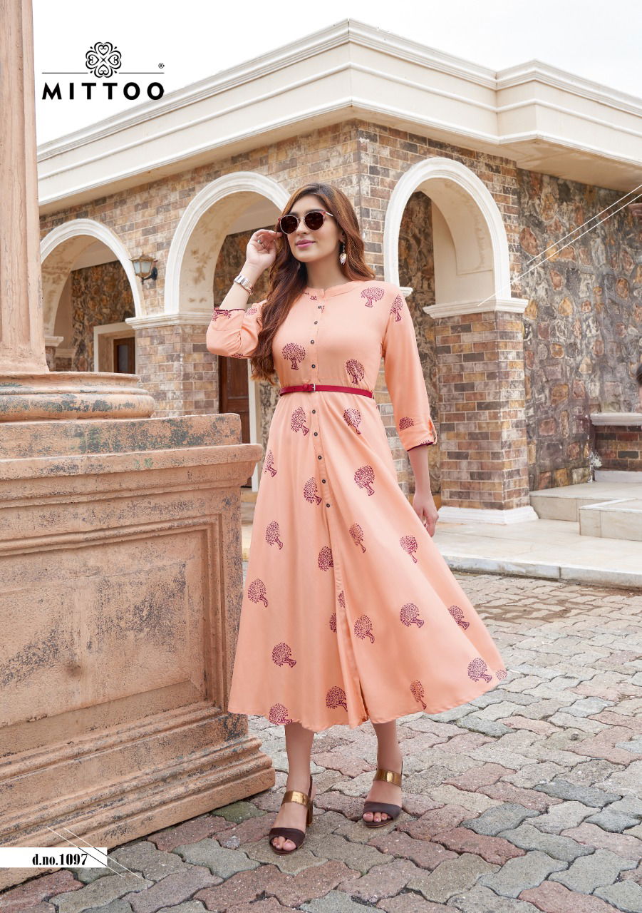 Mittoo Belt 5 Ethnic Wear Long Designer Rayon Printed Kurti Collection
