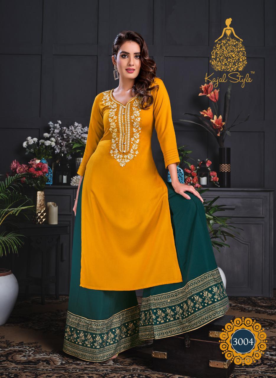 KAJAL STYLE FASHION GALAXY  Vol.3 LATEST RAYON PRINTED FANCY EMBROIDERY WORK PARTY WEAR KURTI WITH PLAZO & SHARARA COLLECTION