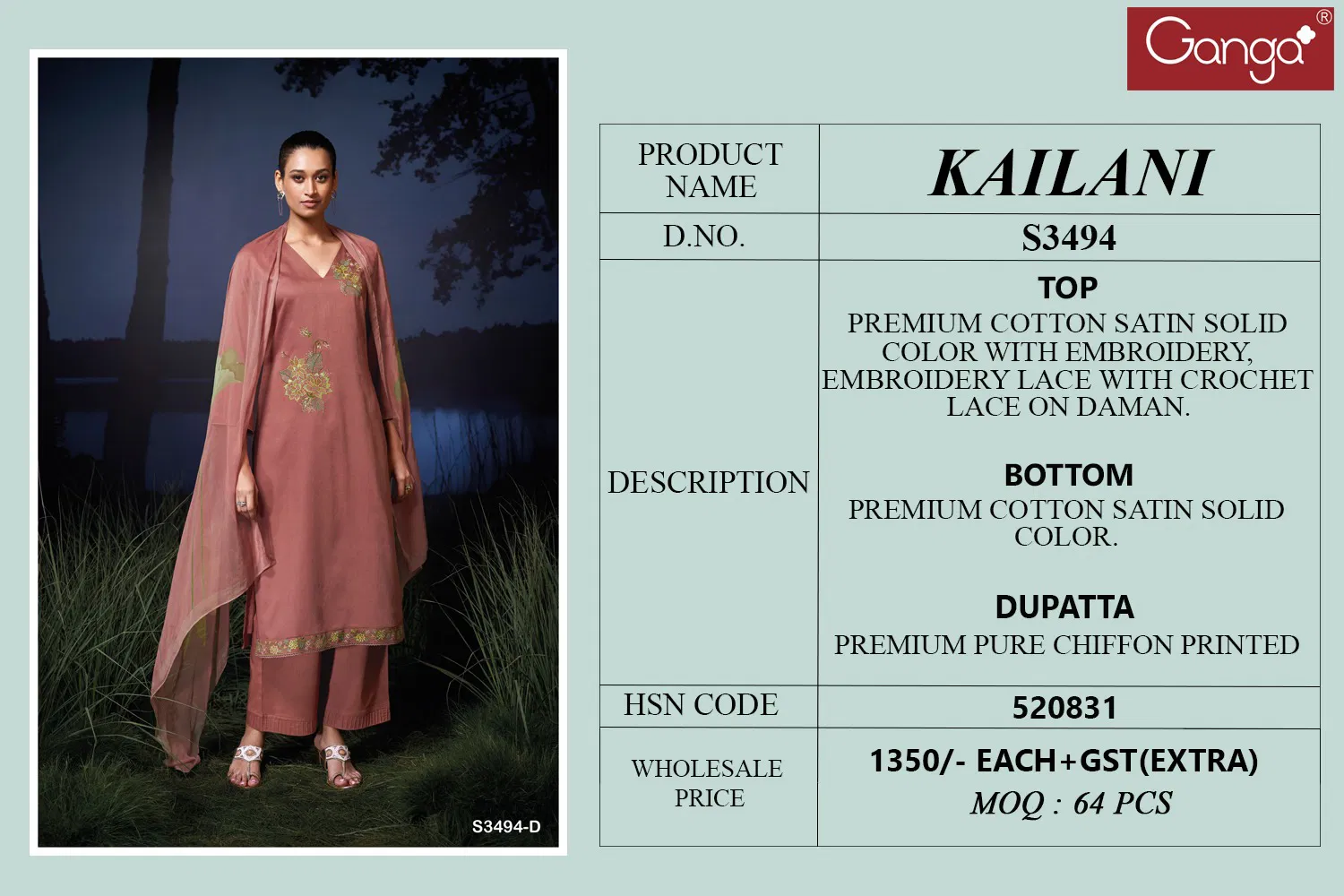 Kailani 3494 By Ganga Cotton Satin Salwar Suit Suppliers In India