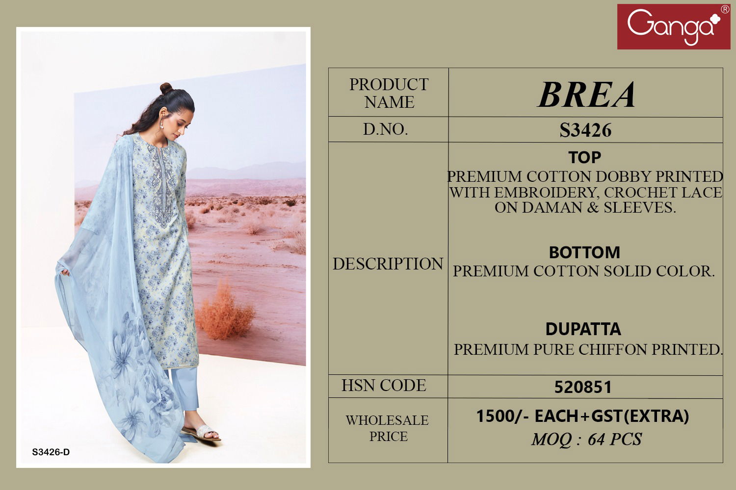 Brea 3426 By Ganga Cotton Printed Embroidery Salwar Suit Surat Wholesale Market