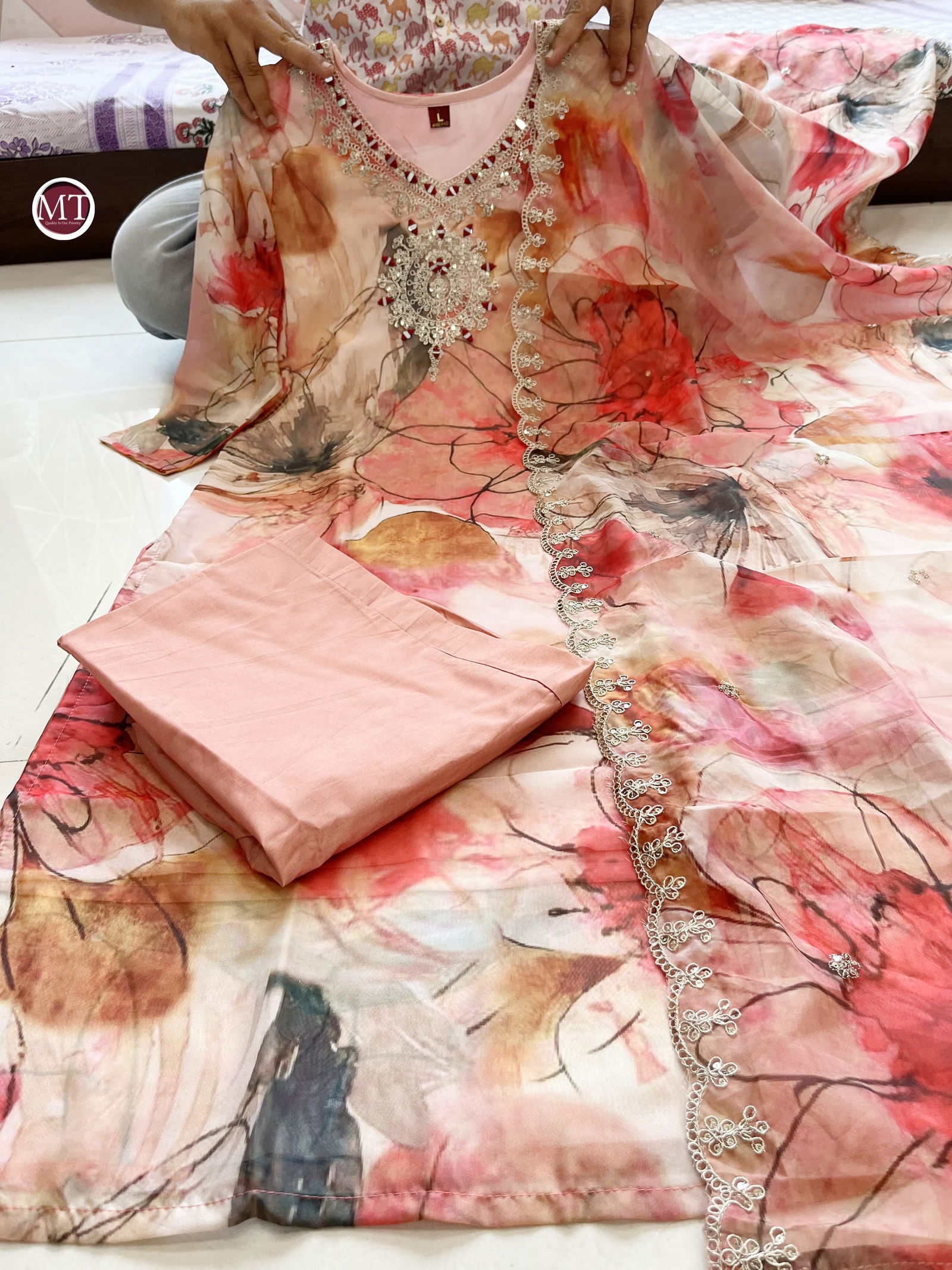 MT Heavy Designer Organza Embroidery Kurti With Bottom Dupatta Wholesale Shop In Surat
