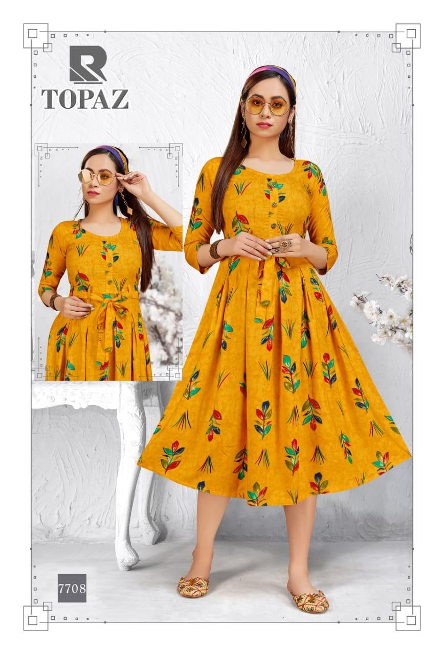 Raashi Topaz Latest Festive Wear Anarkali Style Heavy Rayon Printed Kurti Collection
