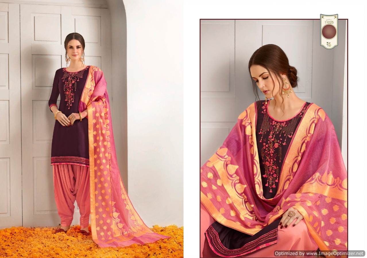Kalaroop New Launch Of Designer Embroidered Work With Slub Rayon Bottom And Banarasi Silk Dupatta Ready Made Patiala