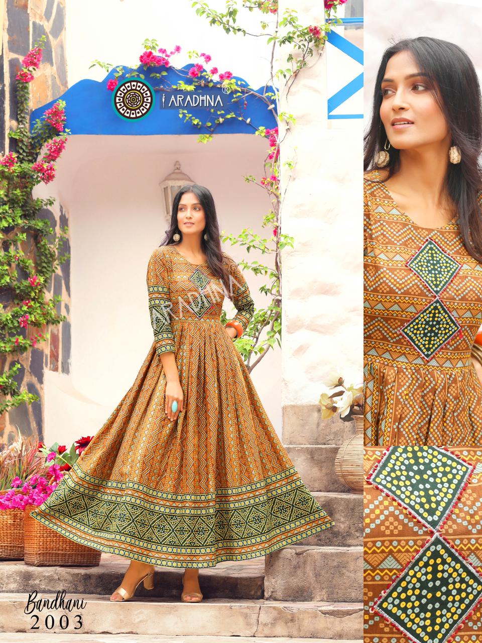 Aradhna Bandhani 2 Heavy Cotton Printed Festive Wear Anarkali Long Kurtis Collection
