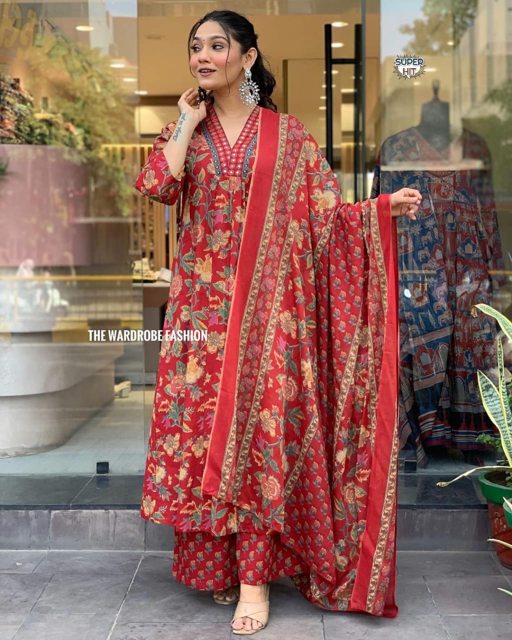 KF Red Kalaai Hand Block Printed Kurti With Bottom Dupatta Wholesalers In Delhi