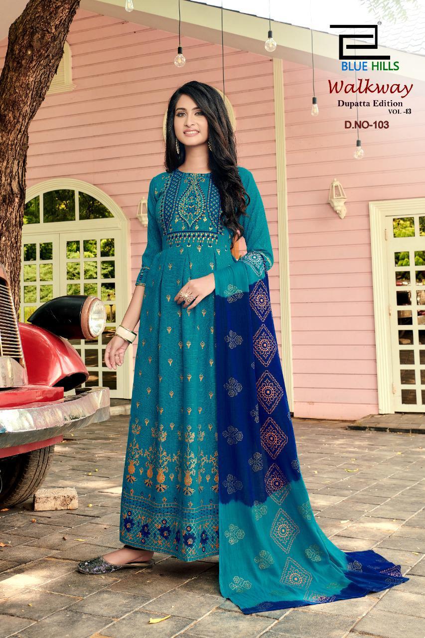 Blue Hills Walkway 13 Anarkali Long Printed Party Wear Kurtis With Dupatta Latest Collection
