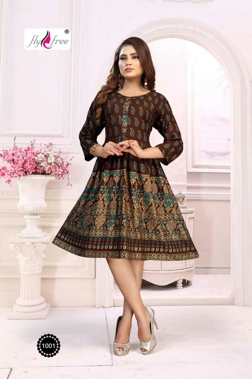 Fly Free Phonix Latest fancy bcasual wear Rayon Printed Designer Anarkali Kurtis Collection
