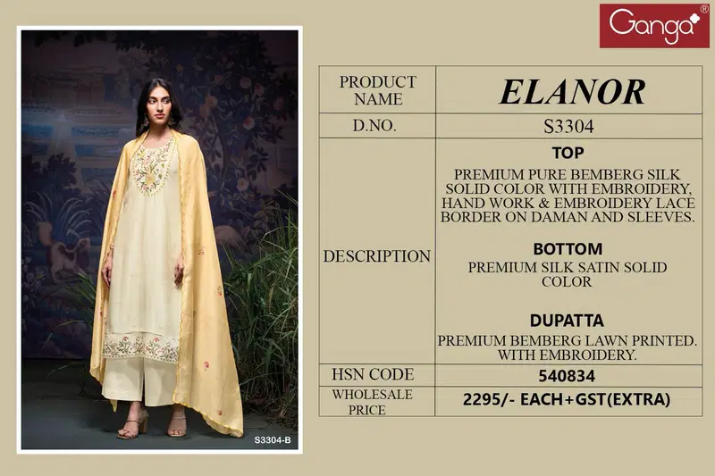 Elanor 3304 by Ganga Bemberg Silk Embroidery Salwar Suit Wholesale Online