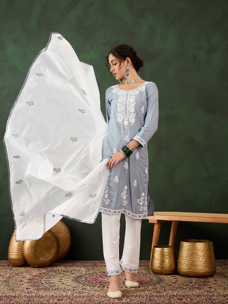Color Set 8501 Rayon Chikankari Kurti Bottom With Dupatta Wholesale Price In Surat