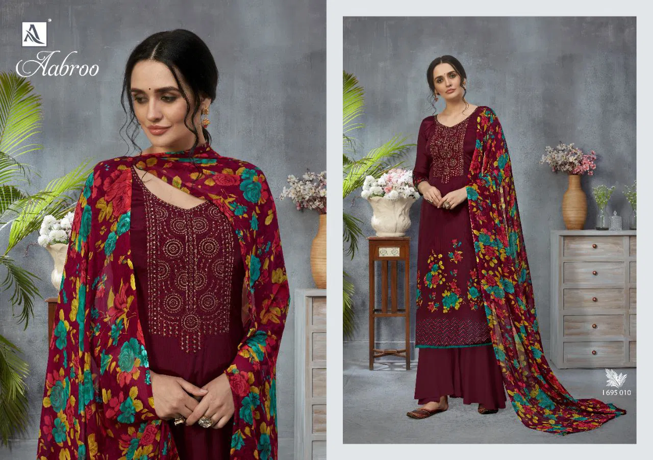 Alok Aabroo Latest Casual Wear Pure French Digital Print with Fancy Thread Embroidery And Swarovski Diamond Work Dress Material Collection
