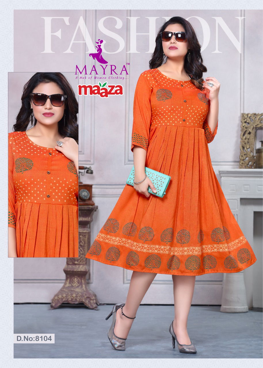 Mayra Maaza Flair Latest Fancy Style Long Casual Wear Anarakali Rayon Designer Kurtis Collection
