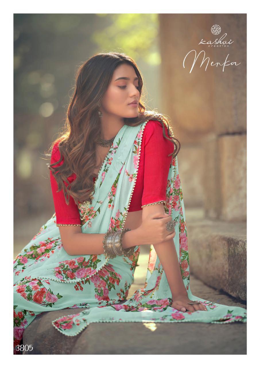 Kashvi Menka Latest Fancy Designer Festive Wear Silk Weightless Floral Chiffon Saree Collection
